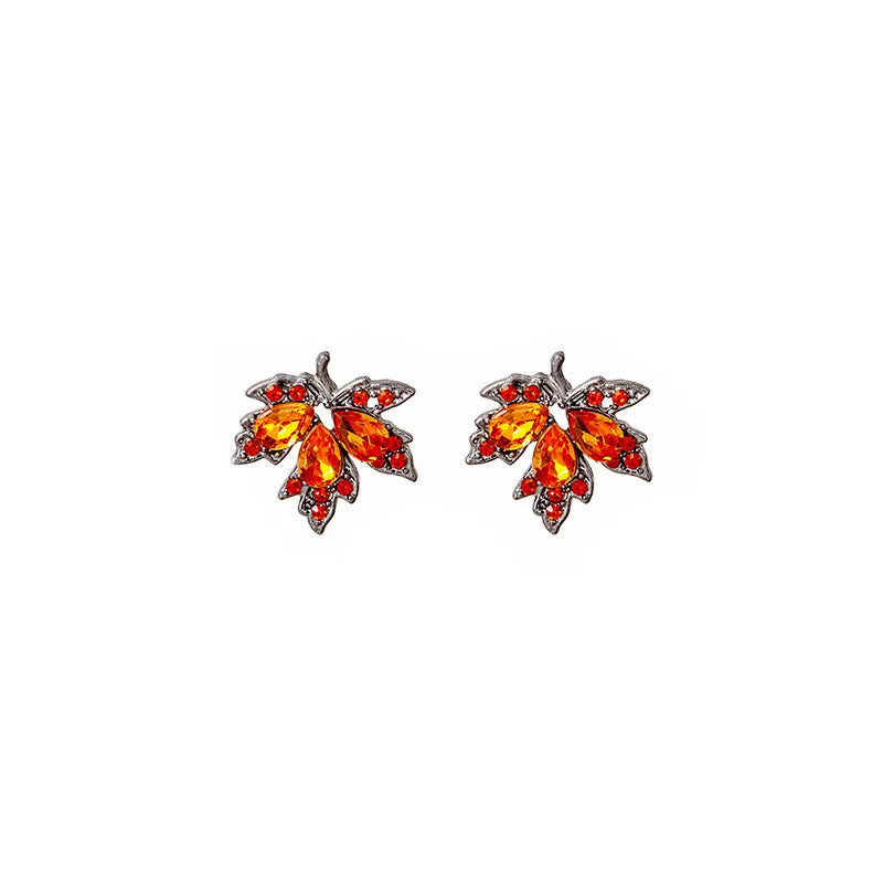Red Rhinestone Maple Leaf Stud Earrings