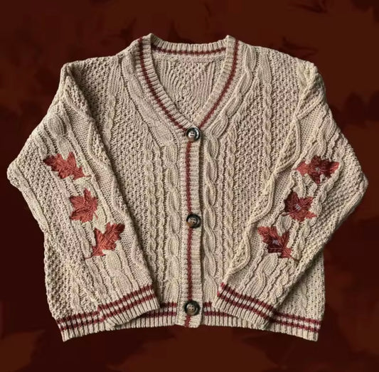 Red Maple Leaf Brown Cardigan