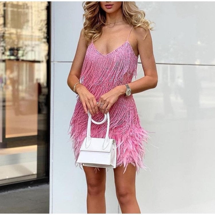 Tassel Sequins Feather Mini Dress