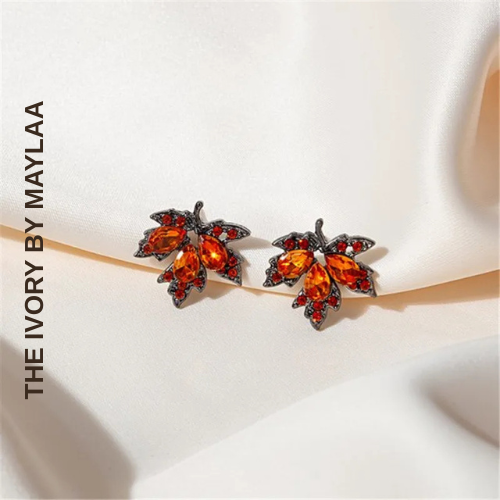 Red Rhinestone Maple Leaf Stud Earrings