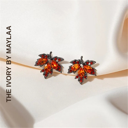 Red Rhinestone Maple Leaf Stud Earrings