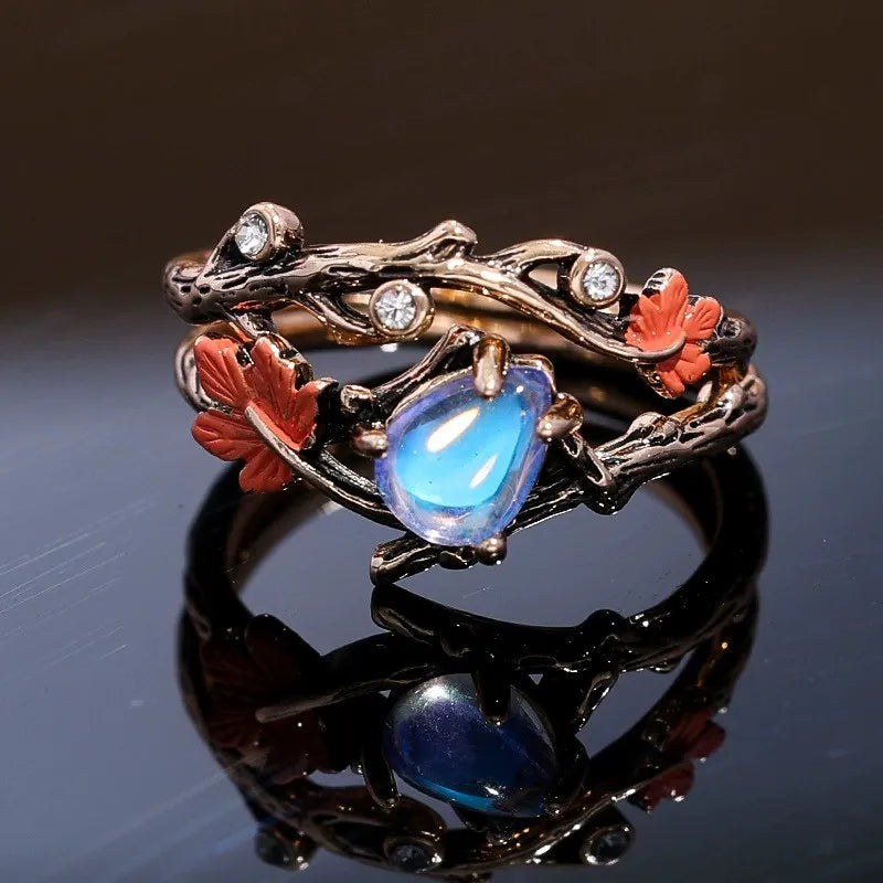 Vintage Leaf Moonstone Ring for Women