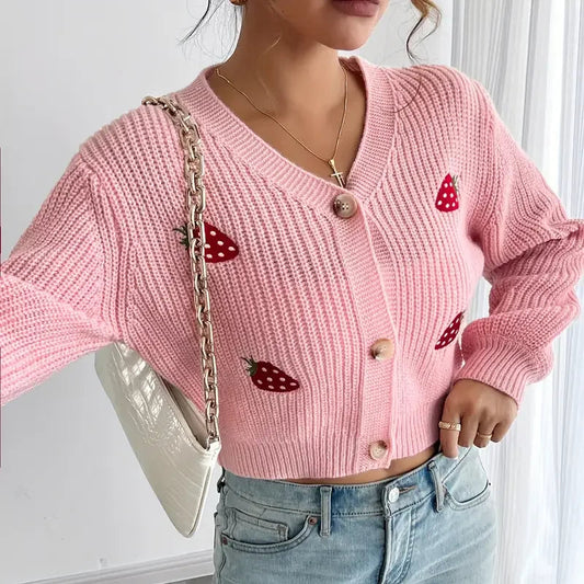 Strawberry Embroidered Off-Shoulder Cardigan