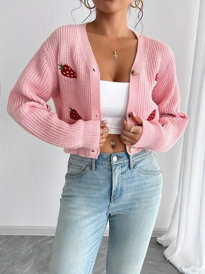Strawberry Embroidered Off-Shoulder Cardigan