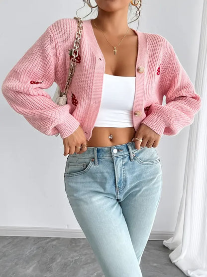 Strawberry Embroidered Off-Shoulder Cardigan