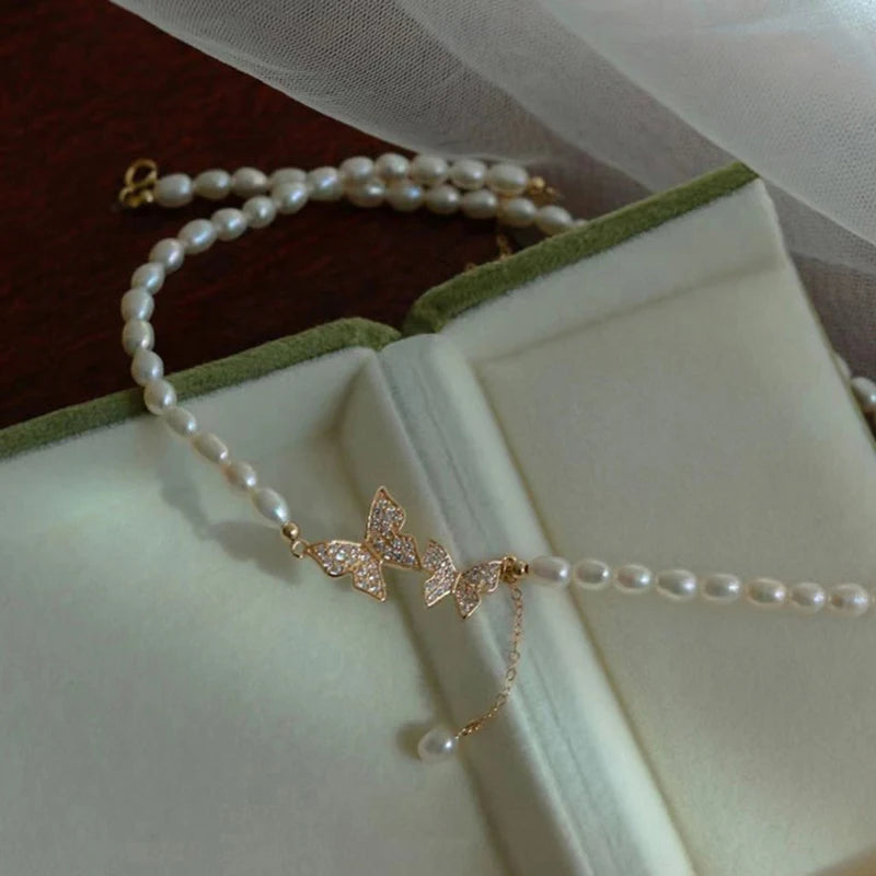 Double Rhinestone Butterfly Necklace