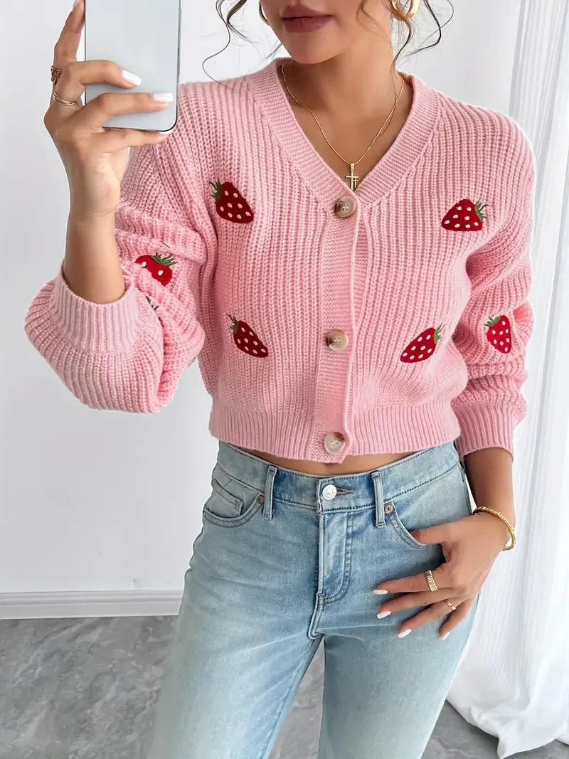 Strawberry Embroidered Off-Shoulder Cardigan
