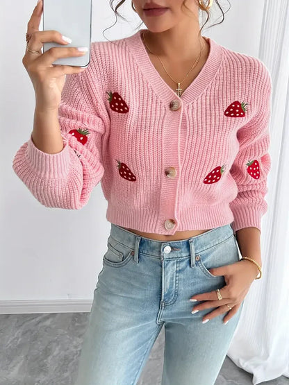 Strawberry Embroidered Off-Shoulder Cardigan