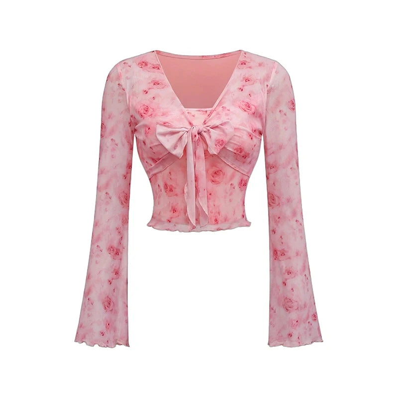 Floral Printed Sweet V-Neck T-shirts