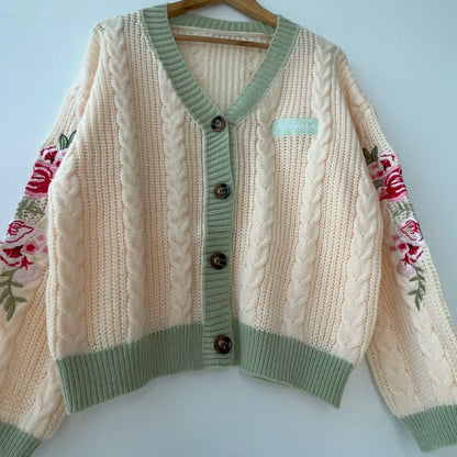 Beige Floral Embroidered Knit
