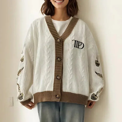 Loose Fitting Beige Floral Cardigan