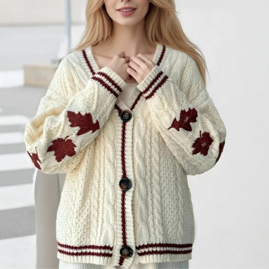 Red Maple Leaf Beige Cardigan