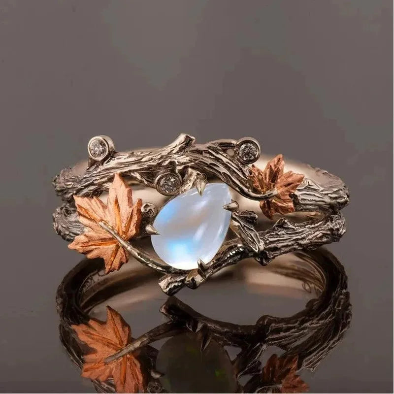 Vintage Leaf Moonstone Ring for Women