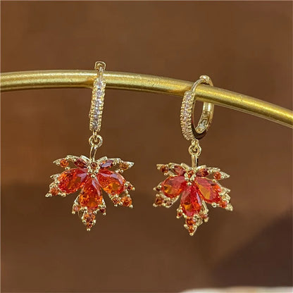 Red Rhinestone Maple Leaf Stud Earrings