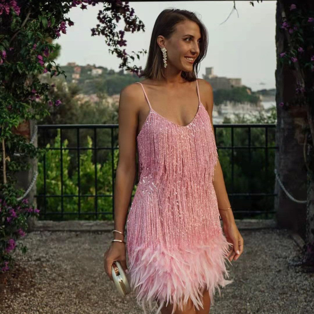 Tassel Sequins Feather Mini Dress